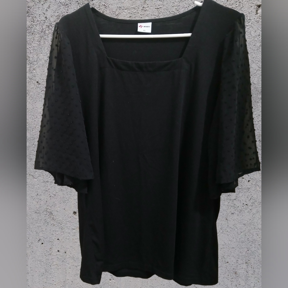 Wiholl- Black Square Neck Top W/Swiss Dot Sheer Sleeves, XL